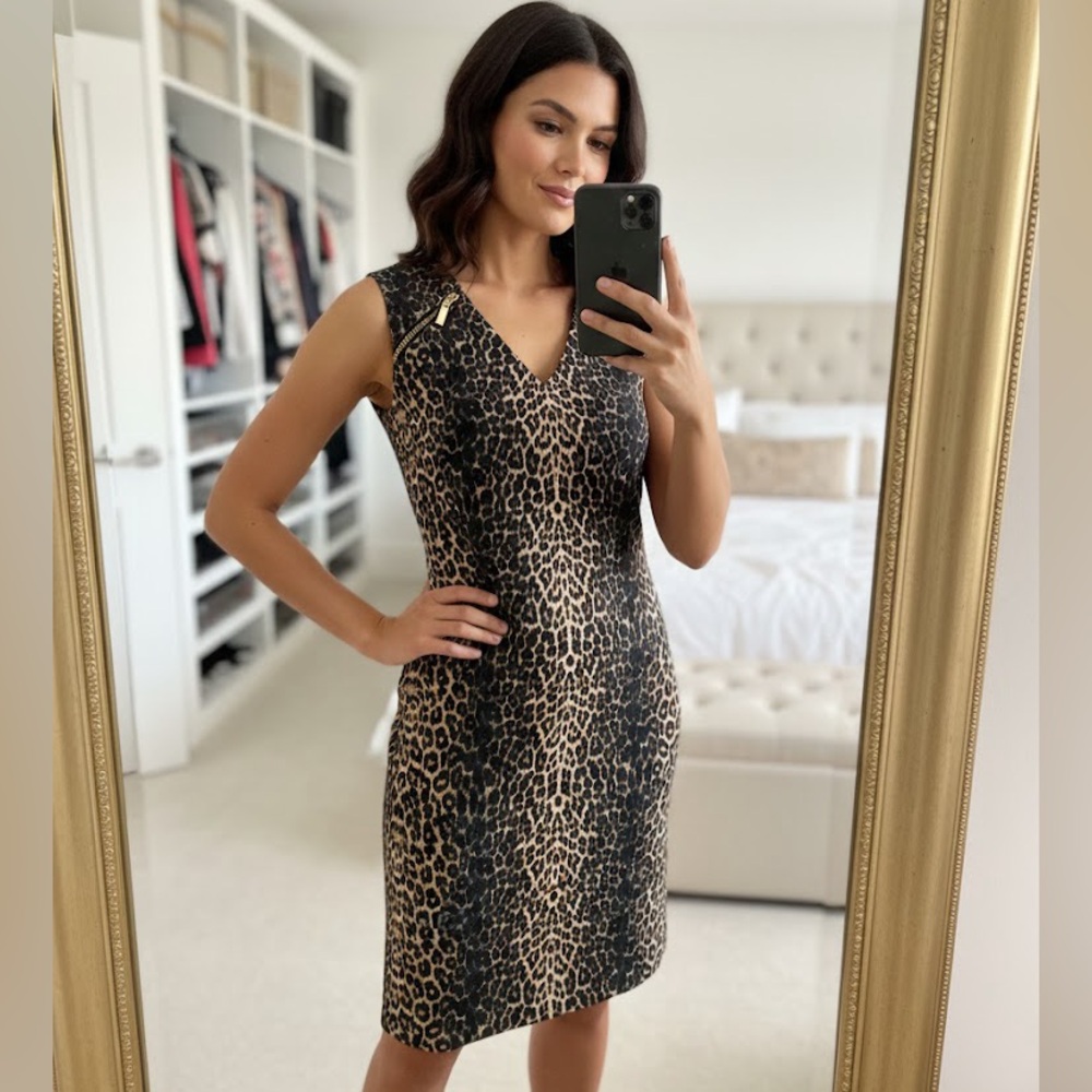 Carmen Marc Valvo Leopard Print V-Neck Sheath Dress - Size Small
